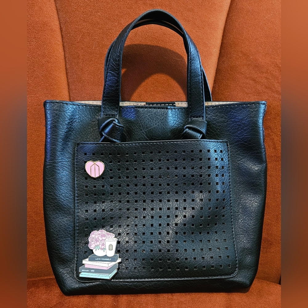 BTS K-Pop Black Leather Mini Pin Tote Bag, 2 BTS pins + 1 K-Pop song scarf